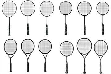 Silhouettes of badminton rackets vector set. Vector illustrations of badminton racket silhouettes. Set of badminton racket silhouette for sports design. Creative silhouette design of badminton rackets