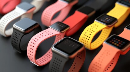 Close-up of Smartwatches with Vibrant Colored Straps