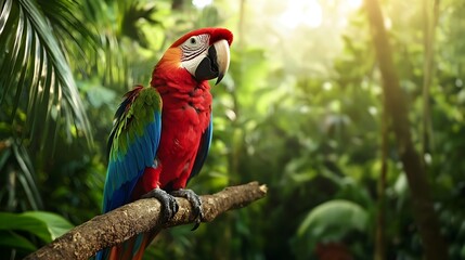 Obraz premium Vibrant parrot with colorful feathers perched on a tree branch in a lush verdant tropical rainforest environment showcasing the natural beauty and biodiversity of the exotic ecosystem