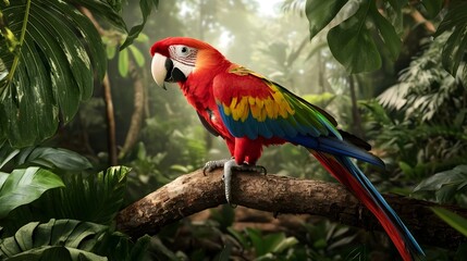 Vibrant parrot with colorful feathers perched on a tree branch in a lush verdant tropical rainforest  The bird stands out against the green foliage
