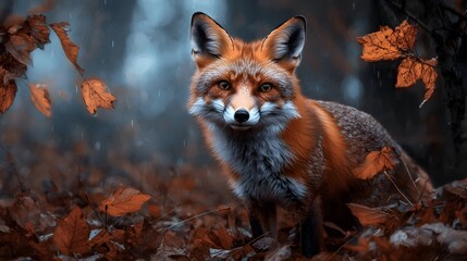 Fototapeta premium Captivating image of a fox standing still and alert its vibrant fur seamlessly blending with the lush autumn leaves of a tranquil forest landscape