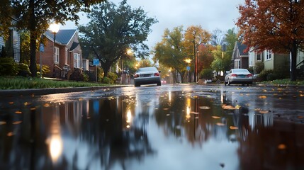 Fototapeta premium Serene rainy night on a quiet street with puddles reflecting the warm glow of streetlamps creating a contemplative and atmospheric urban landscape