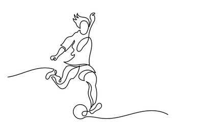 Fototapeta premium Continuous line drawing of a Football player kicking a ball.single-line Football player action with the ball isolated on a white background.A young football player kicking a ball. Soccer Player kick 