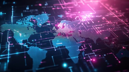 Global market map with glowing connections between major cities, abstract futuristic illustration, soft neon colors, clean layout