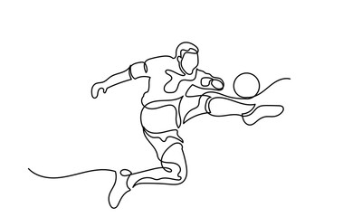 Continuous line drawing of a Football player kicking a ball.single-line Football player action with the ball isolated on a white background.A young football player kicking a ball. Soccer Player kick 