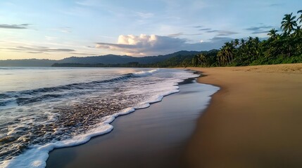 Breathtaking Coastal Landscape at Sunrise with Serene Ocean Waves and Soft Pastel Skies Reflecting on the Calm Water s Surface