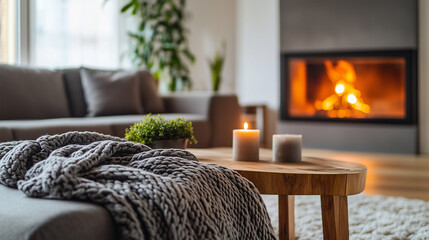 A warm, inviting living room centered around a sleek built-in fireplace