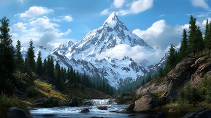 snow capped mountain range towering over a lush pine forest with a serene river flowing peacefully through the scenic landscape