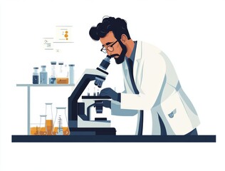A scientist with a beard wearing a lab coat is peering through the lens of a microscope, examining a sample. There are beakers filled with liquid and test tubes in the background.