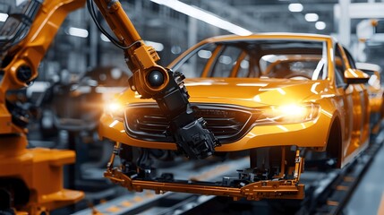 Fototapeta premium Robotic arms efficiently assembling vehicles on the production line of a high tech automotive plant