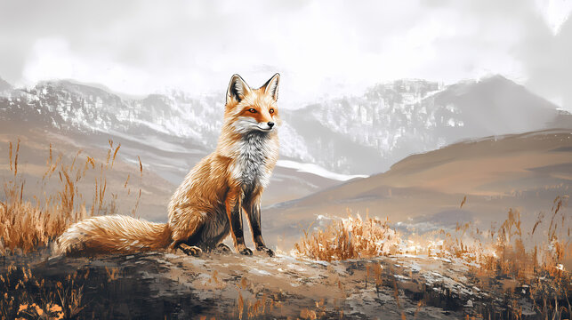 Majestic tibetan sandfox in natural habitat showcasing unique fur and alert expression in nature. Tibetan Plateau. Illustration