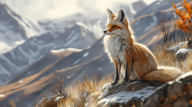 Majestic tibetan sandfox in natural habitat showcasing unique fur and alert expression in nature. Tibetan Plateau. Illustration
