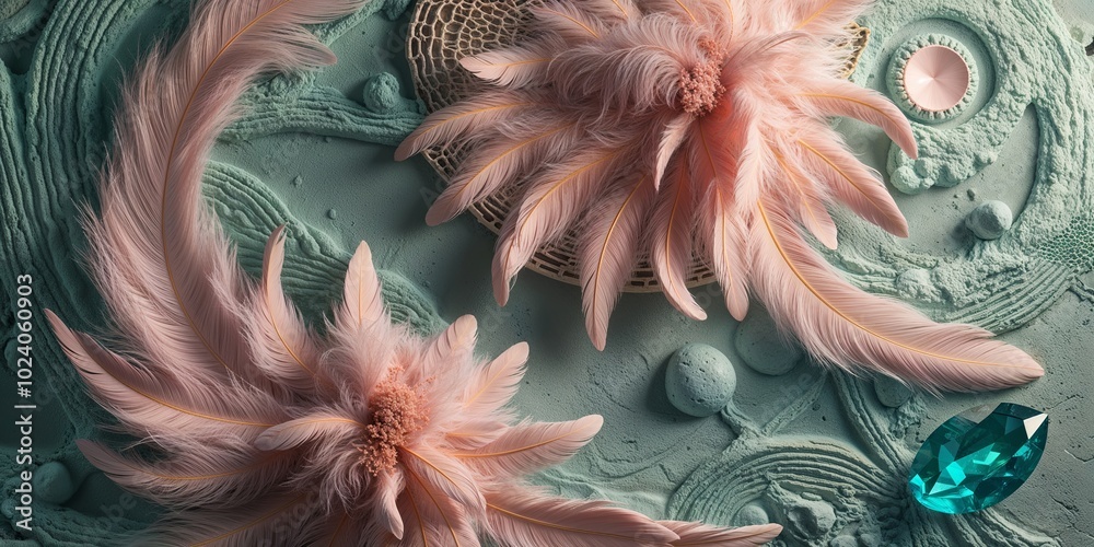 Canvas Prints Pink feathers on a green textured background with a blue gem.