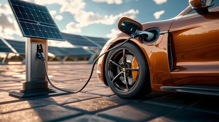 Electric Car Charging at a Solar Powered Station Representing the Future of Alternative Energy and Sustainable Transportation  Optimized for a Modern