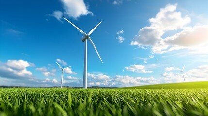 Wind turbines spinning in a green field under a clear blue sky symbolizing clean energy and sustainability  The image is designed to appeal to the market and alternative energy concepts