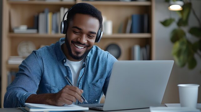 Happy young man in earphones watching an online webinar on his laptop intently making notes as he studies from the comfort of his home