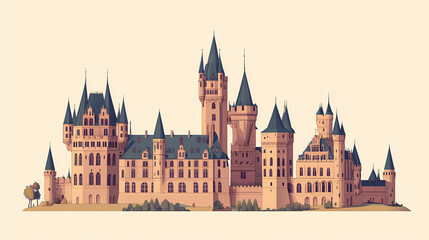 Fototapeta premium Hohenzollern castle in germany, flat design, side view, fairytale castle theme, 3d render, complementary color scheme. Bavarian Castle. Illustration