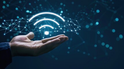 Hand Holding Wifi Symbol with Abstract Network Lines