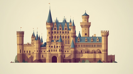 Hohenzollern castle in germany, flat design, side view, fairytale castle theme, 3d render, complementary color scheme. Bavarian Castle. Illustration