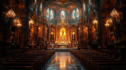 Obraz premium Ornate Church Interior with Golden Altar and Stained Glass Windows