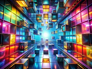 Fototapeta premium 3D Cube Design with Light Corridor Background - Floating Boxes for Modern Digital Art and Technology Concepts
