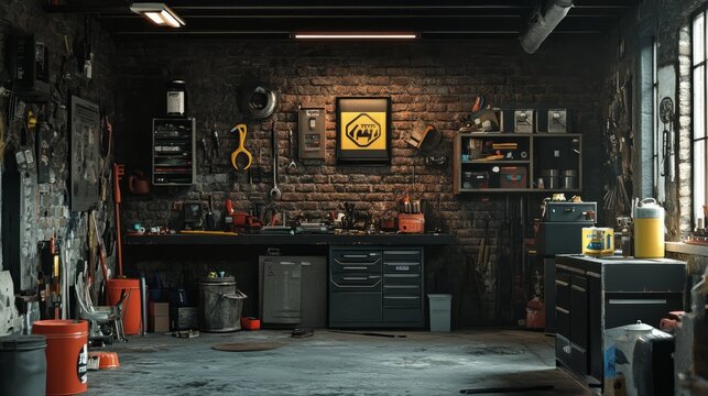 A garage with tools and a table with a black surface