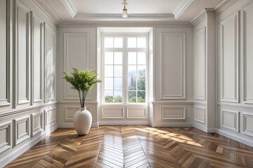 Fototapeta premium 3D Minimalistic White Classic Interior with Large Window, Wall Panel, Flower Vase and Parquet Floor - Elegant Home