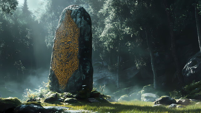 Intricate viking rune stone monolith with scandinavian motifs and mythical carvings in forested glen setting. Viking Rune Stones. Illustration