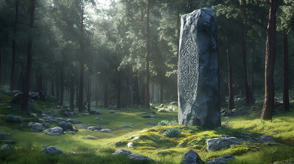 Intricate viking rune stone monolith with scandinavian motifs and mythical carvings in forested glen setting. Viking Rune Stones. Illustration