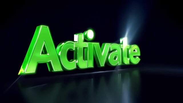 "Activate" text in vibrant green with a glossy finish, glowing on a dark background, symbolizing energy, initiation, and action