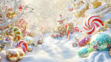 A whimsical winter landscape filled with colorful candy and festive decorations.