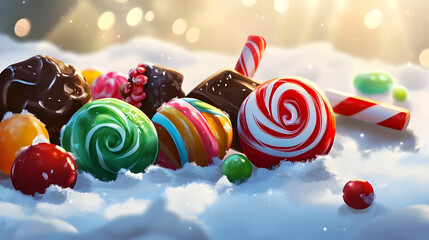 A colorful assortment of candies resting on soft snow, evoking a festive atmosphere.