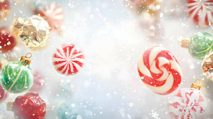 Colorful Christmas ornaments and candy swirls create a festive, snowy background.