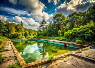 Fototapeta premium Abandoned Swimming Pool by the Shore Surrounded by Lush Overgrown Trees and Natural Beauty in a Forgotten Landscape
