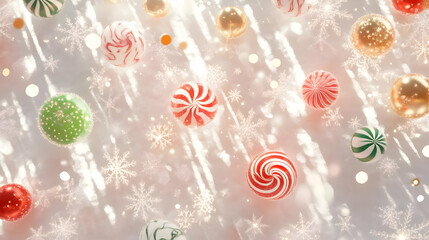 A festive background featuring colorful candy ornaments and snowflakes, evoking holiday cheer.