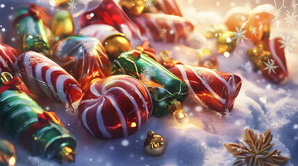 A festive arrangement of colorful candies and gifts on a snowy surface, evoking holiday cheer.