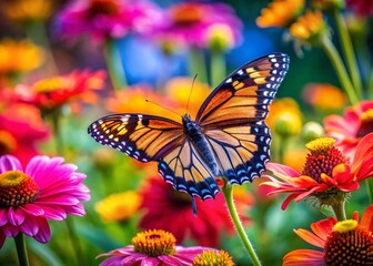 A Beautiful Butterfly Arrives to Pollinate Vibrant Flowers in a Colorful Garden Scene, Showcasing Nature's Beauty and