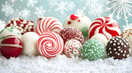 A festive assortment of decorative candy treats on a snowy background.
