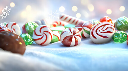 A festive display of colorful candies on a soft surface, evoking holiday cheer.