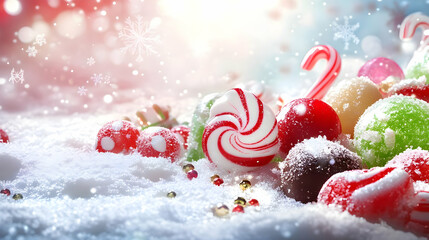A colorful assortment of festive candies scattered on a snowy background.