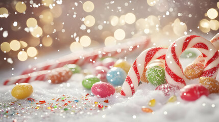 A festive scene with candy canes, colorful sweets, and a snowy backdrop, evoking holiday cheer.