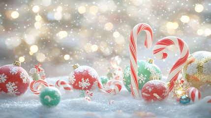 A festive arrangement of colorful ornaments, candy canes, and snow, evoking holiday cheer.