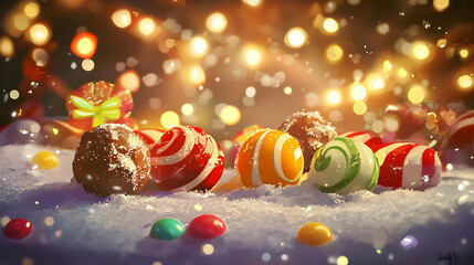 A festive scene featuring colorful candies and treats on a snowy surface with a bokeh background.