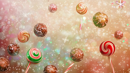 A festive display of colorful candies and lollipops against a snowy background.