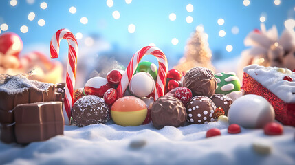 A festive arrangement of colorful candies and chocolates on a snowy surface.