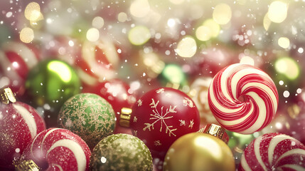 A festive arrangement of colorful Christmas ornaments and candy canes with a snowy backdrop.