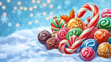 A colorful assortment of candies and sweets in a snowy winter setting.