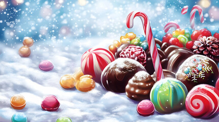 A festive display of colorful candies and chocolates on a snowy background.