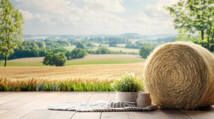 Farm view with bale of hay furniture horizon nature