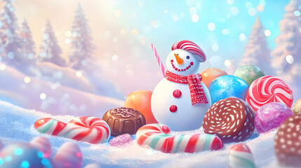 A cheerful snowman surrounded by colorful candies in a winter landscape.